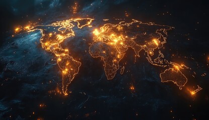 Naklejka premium Glowing World Map at Night: Digital City Lights Illustration