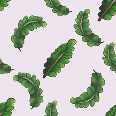 A seamless pattern featuring stylized green leaves on a light pink background. The leaves are detailed with varying shades of green and a central brown stem, creating a vibrant and fresh look.