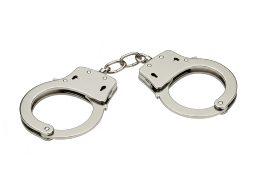 A pair of silver metallic handcuffs with a short chain connecting the cuffs isolated on transparent background