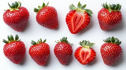 Ripe red strawberries, some whole, some halved, display fresh texture on a white background