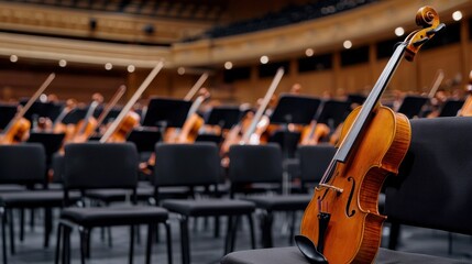 Fototapeta premium Orchestra music Concept, Traditional European Concert Hall with Musical Instruments and Empty Rows of Chairs Ready for Performance