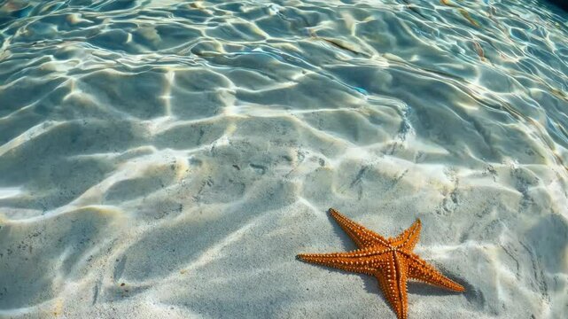 Underwater video scene of a starfish on sandy ocean floor. Captured from above, showcasing rippling sunlight patterns and clear water texture.