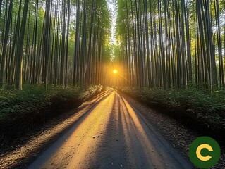 Pathway to the Sun: An inviting path through a tall bamboo forest bathed in the warm embrace of the sun. Experience the peace and tranquility that comes with finding yourself within nature.