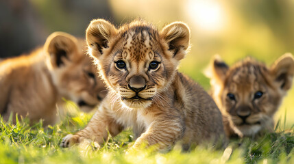 Obraz premium Lion Cubs Playing in Grass, Adorable Animals in Natural Sunlight, Wild Baby Cats