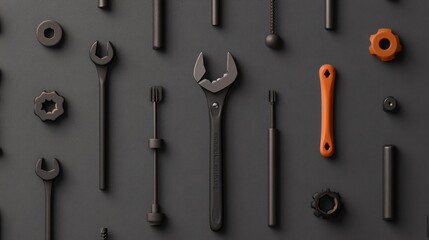 A subtle pattern of construction tools, including wrenches and screwdrivers, displayed on a gray backdrop, ideal for a DIY or industrial design.
