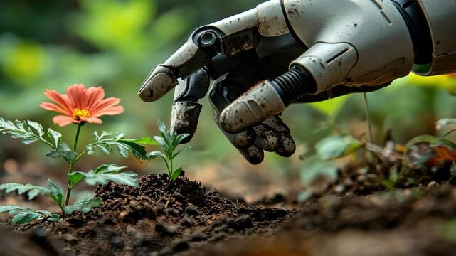 Harmony Between Technology and Nature: A robotic hand gently tends to a blooming flower, representing the potential for future, technology, and nature