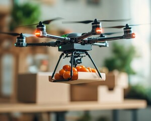 Drone delivering oranges in modern environment showcasing innovative logistics.