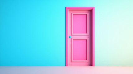 vibrant pink door stands against gradient blue and green wall, symbolizing creativity and opportunity. This colorful design invites exploration