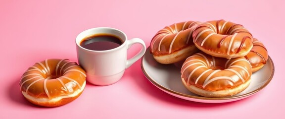 A steaming cup of coffee beside a plate of glazed donuts on a pink background, pink, sugar
