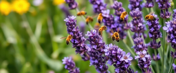 Fototapeta premium Busy bees flitting among vibrant purple lavender, crafting beeswax flowers, countryside, honeybee, purple flowers
