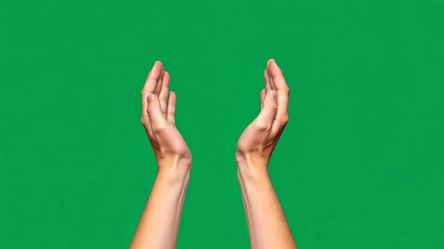 Close-up of two raised hands in cupped gesture on green screen for concepts of support, offering, or digital compositing.