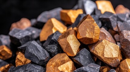 Ore resource extraction Concept, High-Resolution Close-Up of Raw Ore with Visible Textures and Details on a Dark Background