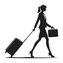 Person pulling carry-on luggage on business travel flat Silhouettes vector.