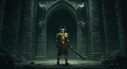A warrior with a battle-worn golden helmet faces the entrance to a dark underground labyrinth