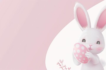 Obraz premium Whimsical white bunny holding Easter egg on simple pink and white background