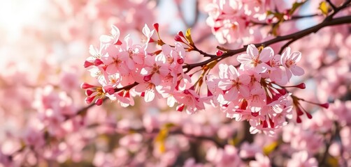 Fototapeta premium Delicate pink cherry blossoms dance on a gentle breeze, bathed in warm sunlight , pink, petals, idyllic
