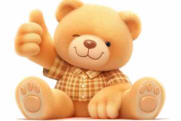 Winking teddy bear in shirt with thumb up isolated on white background, illustration for kids