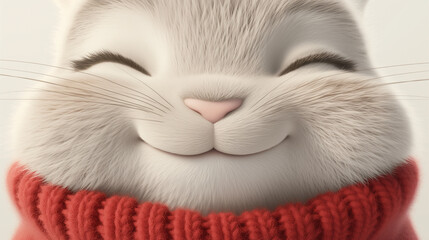 Closeup smiling fluffy gray bunny in red sweater
