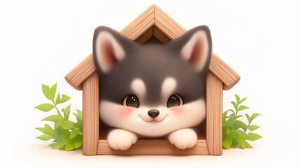 Happy dog in wooden dog house isolated on white