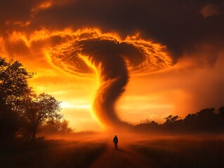 Apocalyptic Vortex: A lone figure walks towards a colossal, swirling vortex in a fiery sunset, painting a surreal and dramatic landscape.