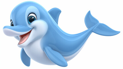 Happy blue 3d dolphin isolated on white background, illustration for children