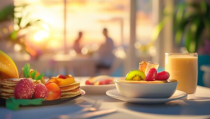 Sunset breakfast buffet with fruits, pancakes, and smoothie