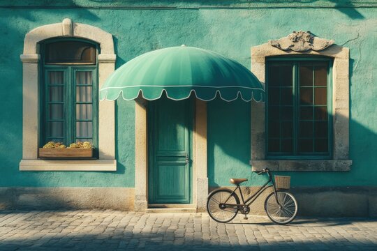 Green facade with awning and bicycle in charming european town