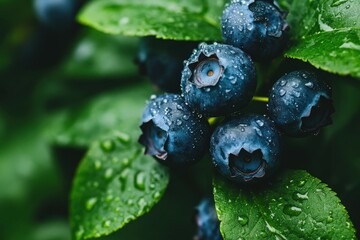 Ripe blueberries growing on bush covered with water droplets