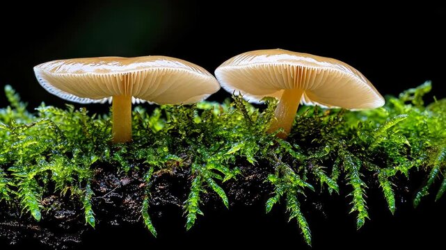 Discover enchanting mushrooms growing on lush moss in a serene forest environment during a calm morning