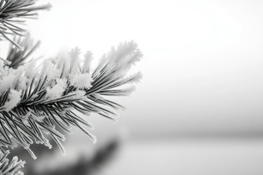 Frost-covered pine branch against a blurred, wintery background.  A serene winter scene.