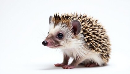 Single hedgehog against bright white backdrop, showing detail of spines , mammal, cute, white