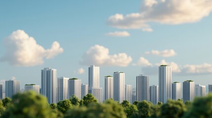 Obraz premium A modern city skyline featuring tall buildings, greenery in the foreground, and a bright blue sky with fluffy clouds.