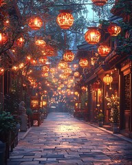 Fototapeta premium Magical street with glowing red lanterns high resolution picture