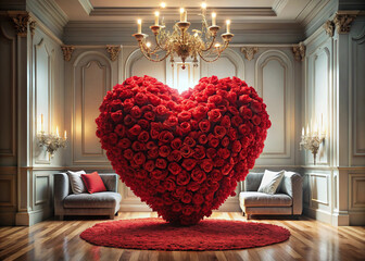 Rotes Herz aus Rosen in einem Raum Romantische und Elegante Dekoration