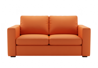 A modern orange upholstered two-seater sofa with matching cushions isolated on transparent background