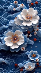  Delicate 3D White and Orange Flowers Adorning Flowing Blue Waves