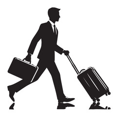 Person pulling carry-on luggage on business travel flat Silhouettes vector.