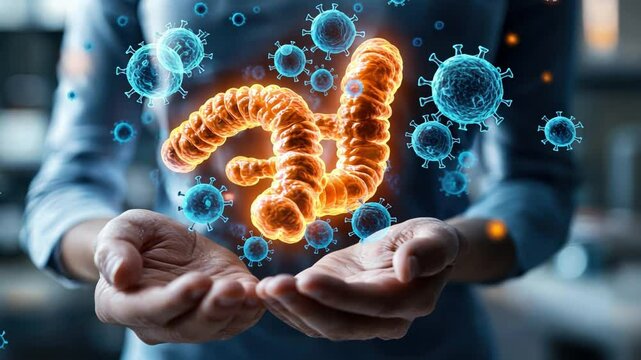 Holding the Microscopic: a visualization showcasing a person's hands gently cupping a vibrant, glowing illustration of microscopic biological elements. 