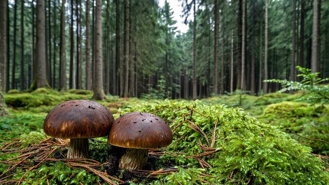 Discovering unique mushrooms in a tranquil forest setting surrounded by tall trees and lush greenery in the early morning light