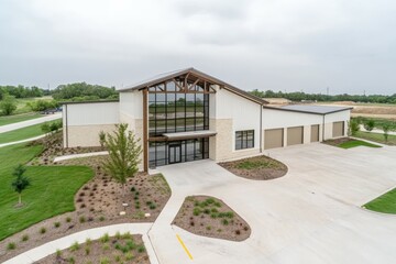 Fototapeta premium Modern metal barn building with large glass windows and landscaping