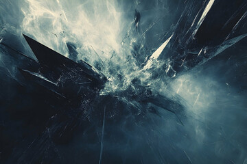 Abstract composition featuring dark shards and swirling celestial elements