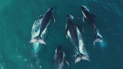 Naklejka premium Whales Swimming Together Aerial View in Ocean Natural Marine Life