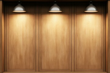 Empty wooden showcase with spotlights illuminating panels for displaying products