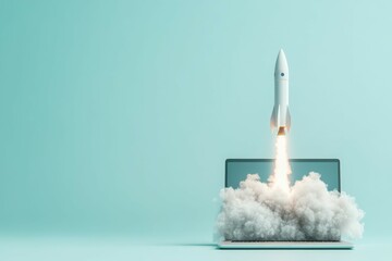 Rocket launching from laptop screen symbolizing business startup