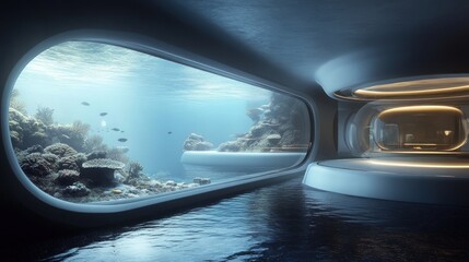 Obraz premium Underwater Habitat View Through Window to Coral Reef and Fish