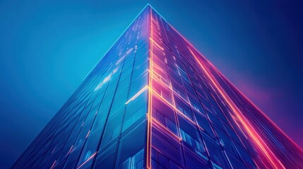 Looking Up at Modern Skyscraper with Vibrant Neon Edges at Dusk