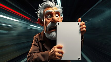 A cartoon man with a surprised expression holds a sign