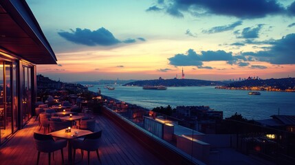 Obraz premium Rooftop Dining Overlooking Cityscape and Ocean at Sunset Hour