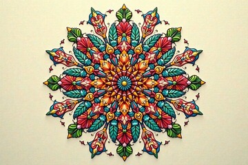 Symmetrical mandala with repeating floral motifs, intricate detail, neutral tones, print, serene, spiritual