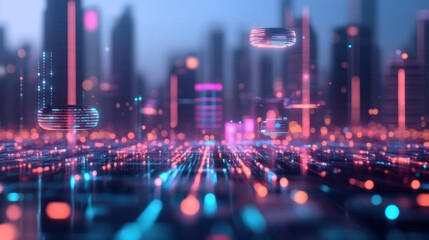 A vibrant, futuristic cityscape with glowing elements, showcasing digital technology and architecture in a neon color palette.